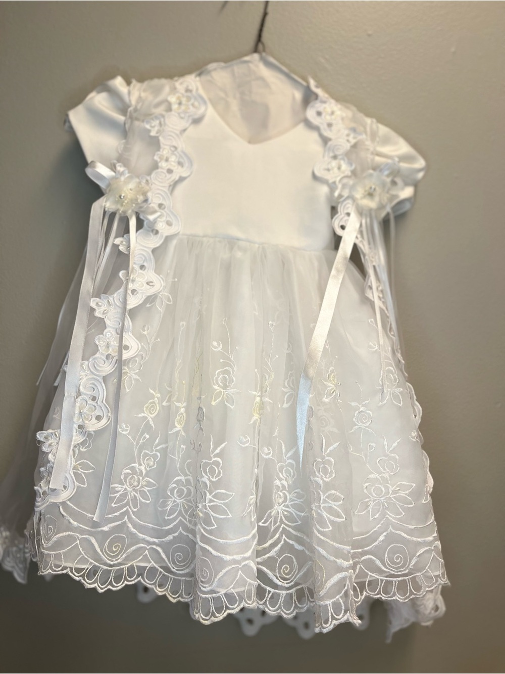 Ada White Satin Baby Dress with Gold Label Accent